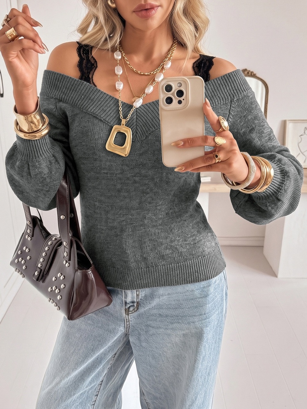 Off-Shoulder Lace Trim Sweater - Picture 3 of 14